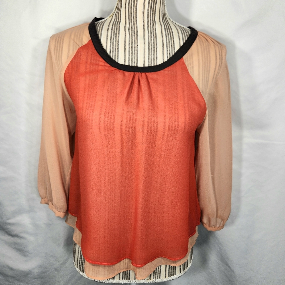 Sparkle & Fade Orange & Coral 3/4 Sleeve Layered Look Top Size XSmall